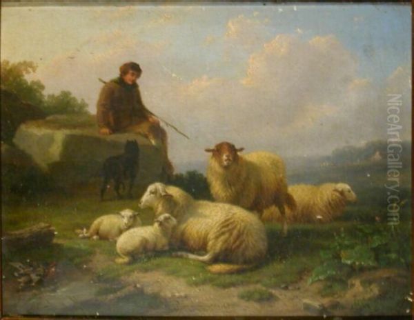 Shepherd With His Flock Oil Painting by Cornelis van Leemputten