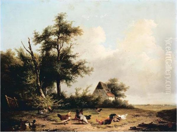 Poultry Feeding Oil Painting by Cornelis van Leemputten