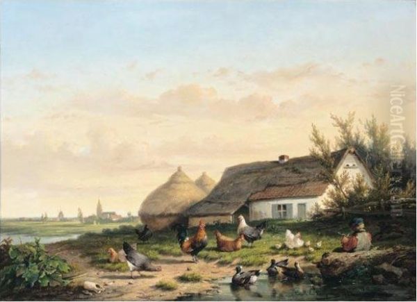 Farmyard With Chicken And Ducks Oil Painting by Cornelis van Leemputten