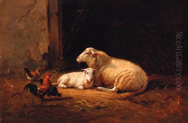 Sheep And Cockerels In A Farmyard Oil Painting by Cornelis van Leemputten