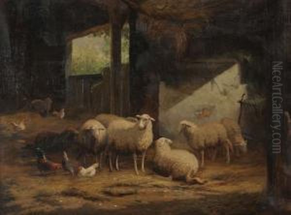 Stal Met Schapen En Kippen Oil Painting by Jef Louis Van Leemputten