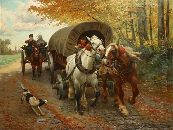 Wagon Couvert Et Chevaux Au Bord De La Foret Oil Painting by Jef Louis Van Leemputten