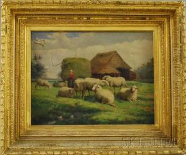 Shepherdess With Her Flock Oil Painting by Jef Louis Van Leemputten