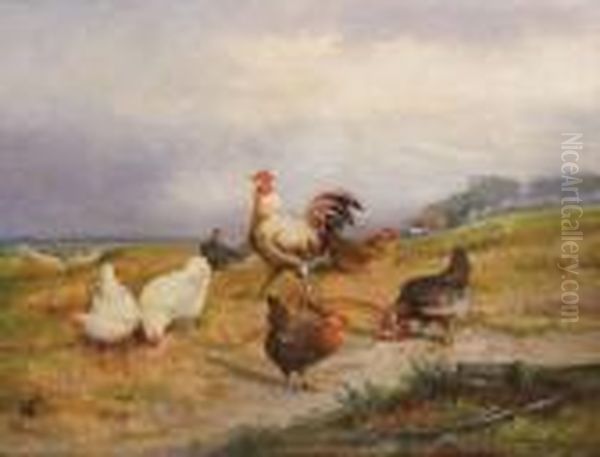 Haan En Kippen In Landschap Oil Painting by Jef Louis Van Leemputten