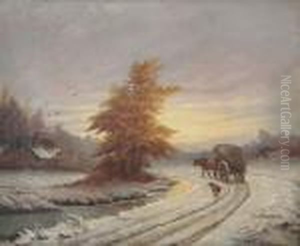 Winterlandschap Met Paard Met Huifkar En Hond In Bocht Oil Painting by Jef Louis Van Leemputten