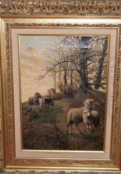 Moutons Au Pre Oil Painting by Jef Louis Van Leemputten