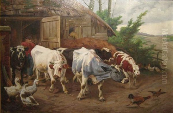 Koeien Komen Buiten Uit De Stal Oil Painting by Jef Louis Van Leemputten