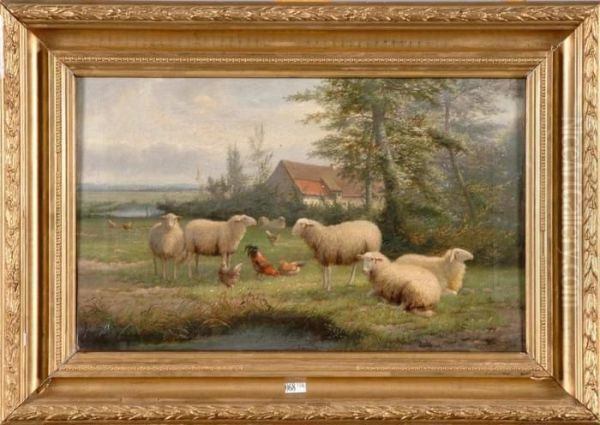 Moutons,coq Et Poules Au Pre Oil Painting by Jef Louis Van Leemputten