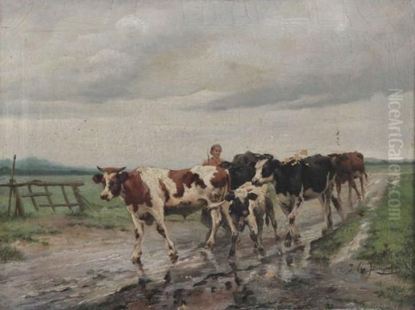 Boerin Met Koeien Op De Terugweg Na De Regen Oil Painting by Jef Louis Van Leemputten