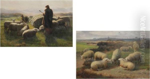 Schapenherder, 
Ruggelings Met Kudde Oil Painting by Jef Louis Van Leemputten