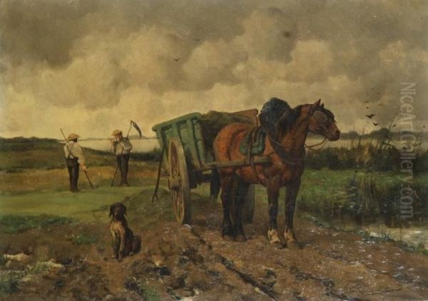 Rustende Boeren Met Paard Oil Painting by Jef Louis Van Leemputten