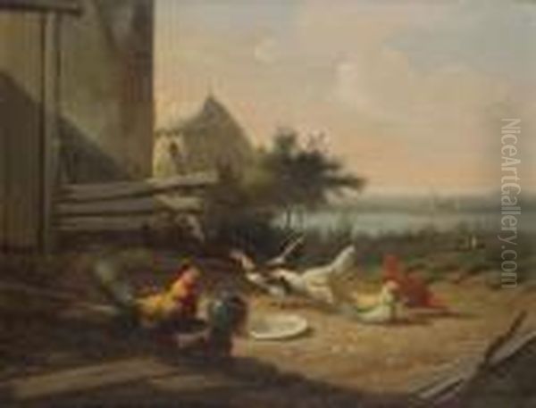 Yard With Chickens, Haystack And City Across The Stream Oil Painting by Jef Louis Van Leemputten