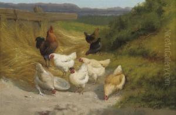 Poultry In The Farmyard by Jef Louis Van Leemputten