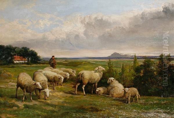 A Shepherd And His Flock Oil Painting by Jef Louis Van Leemputten