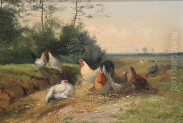 Chickens At The Field Oil Painting by Jef Louis Van Leemputten