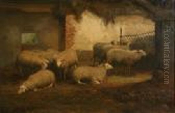 Sheep In The Stable Oil Painting by Jef Louis Van Leemputten