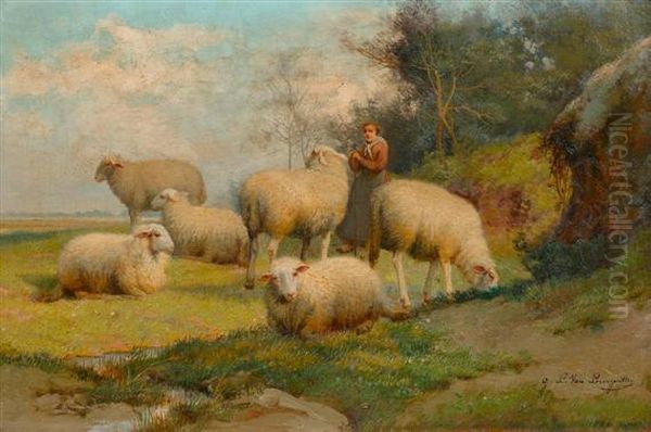 Landscape With Sheep And Maidservant. Oil Painting by Jef Louis Van Leemputten