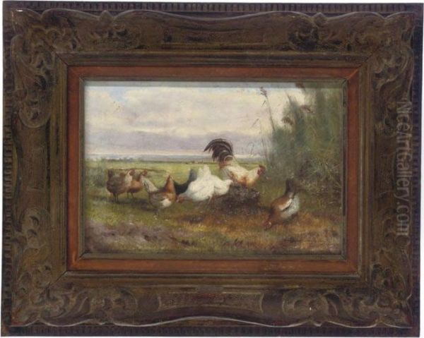 Poultry In A Meadow Oil Painting by Jef Louis Van Leemputten