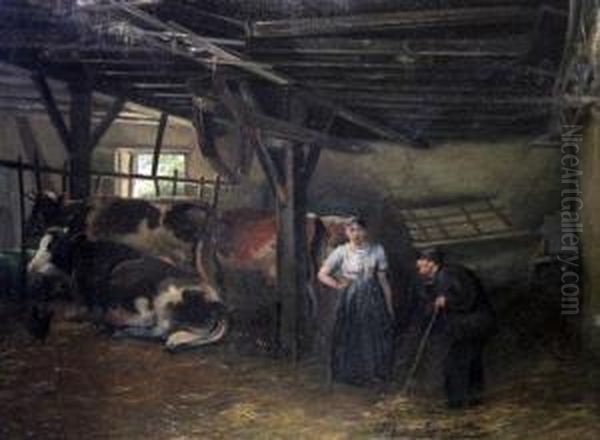 Figures And Cattle In A Stable Oil Painting by Jef Louis Van Leemputten