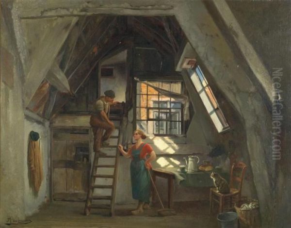 Domestic Scene In The Attick Oil Painting by Jef Louis Van Leemputten