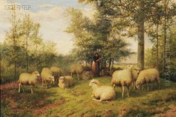 Sheep And Shepherdess Oil Painting by Jef Louis Van Leemputten