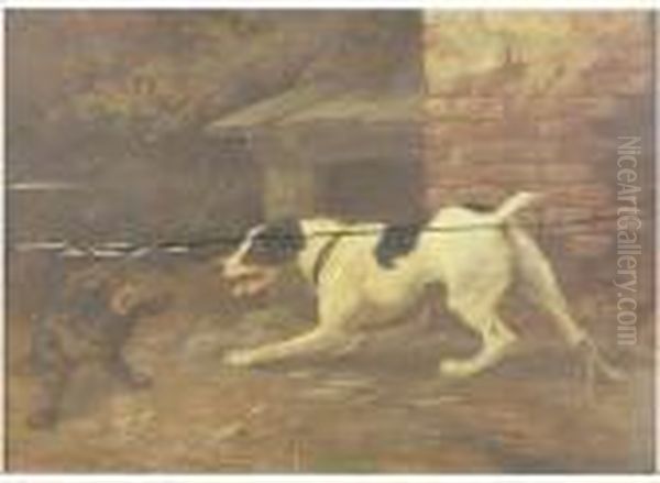 Cat And Dog Fighting Oil Painting by Jef Louis Van Leemputten