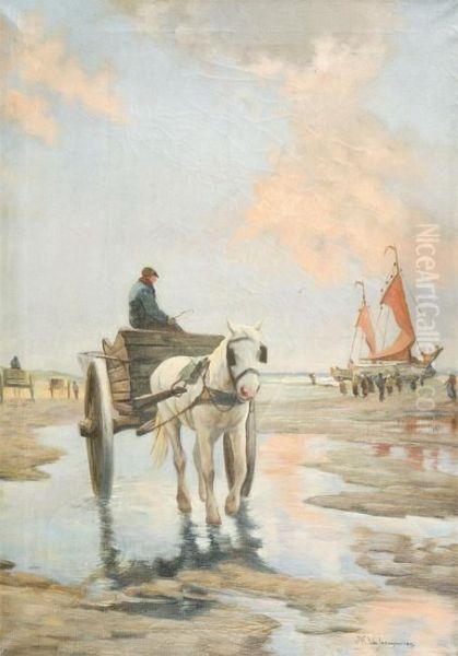 Shrimper At The Beach Oil Painting by Jef Louis Van Leemputten