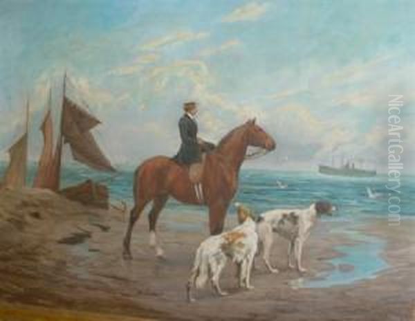 Lady On Horseback With Her Borzois By The Sea Oil Painting by Jef Louis Van Leemputten