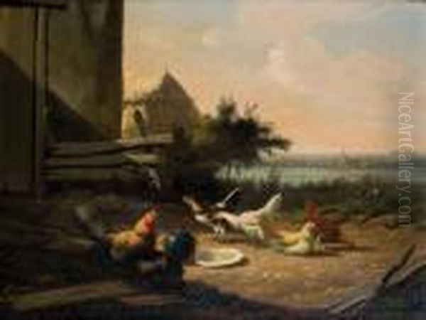 Poules Dans La Cour De Ferme Oil Painting by Jef Louis Van Leemputten