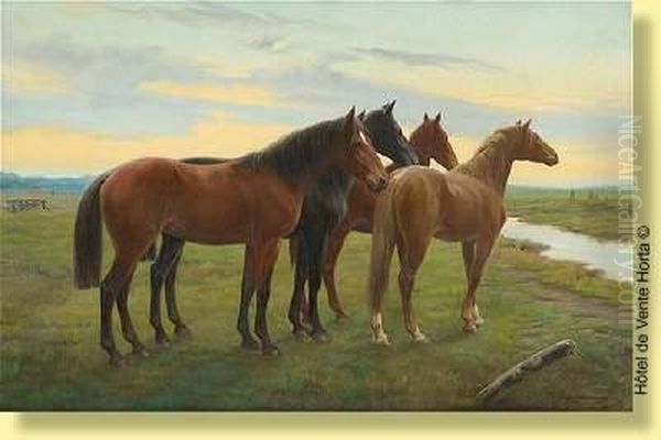 Chevaux Au Coucher Du Soleil Oil Painting by Jef Louis Van Leemputten