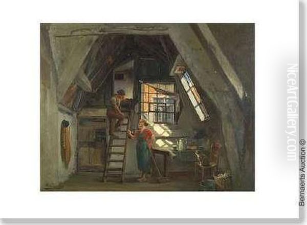 Domestic Scenein The Attick Oil Painting by Jef Louis Van Leemputten