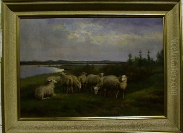 Description:schapen In Een Wei Aan De Rivier Oil Painting by Jef Louis Van Leemputten