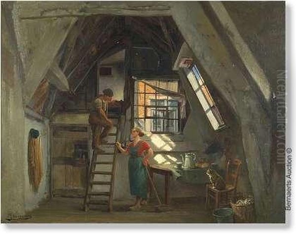 Domestic Scenein The Attick. Oil Painting by Jef Louis Van Leemputten