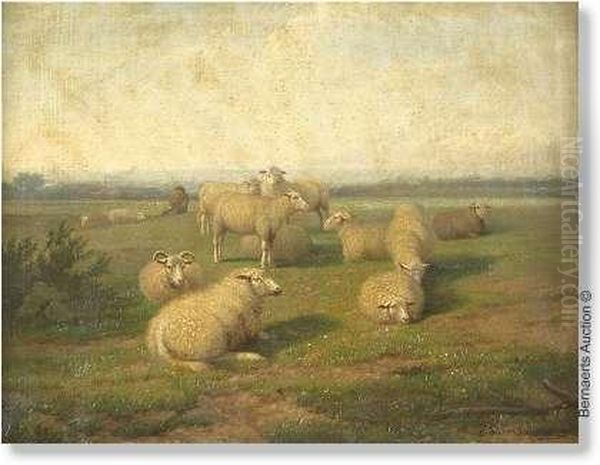 Landscape Withshepherd And Sheep Oil Painting by Jef Louis Van Leemputten