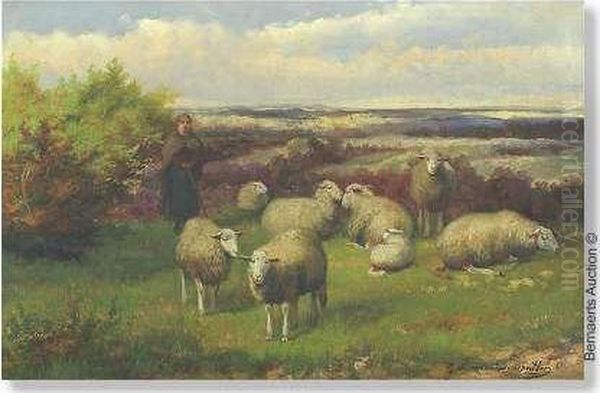 Shepherdesswith Sheep On The Meadow. Canvas. Signed 'j.l.vanleemputten' Oil Painting by Jef Louis Van Leemputten