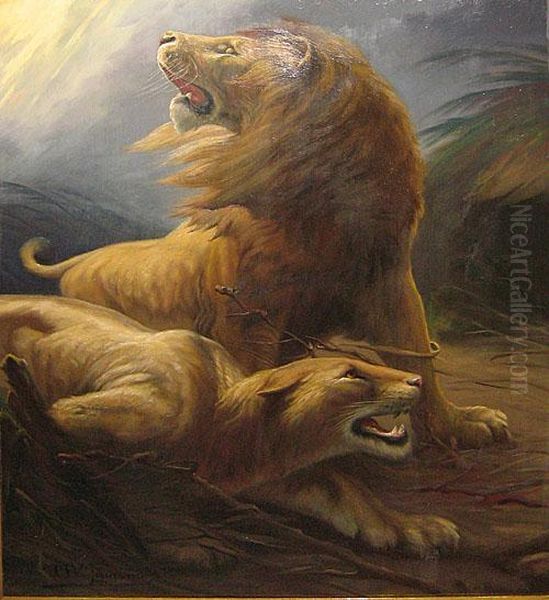 Lions Surpris Par L'orage Oil Painting by Jef Louis Van Leemputten