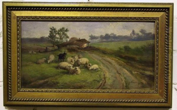 Kudde Schapen Aan Een Landweg. Oil Painting by Jef Louis Van Leemputten