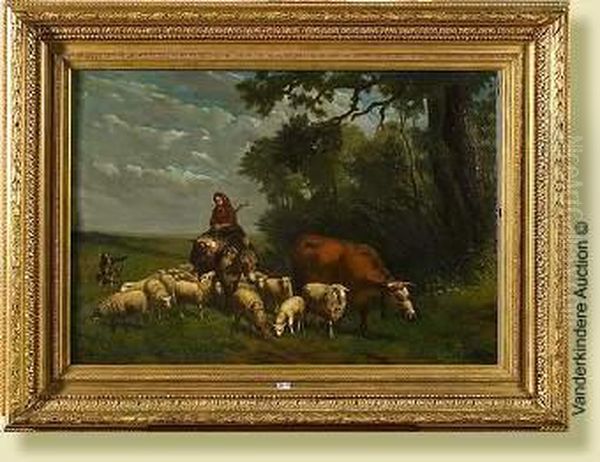 Bergere Et Son Troupeau Oil Painting by Jef Louis Van Leemputten