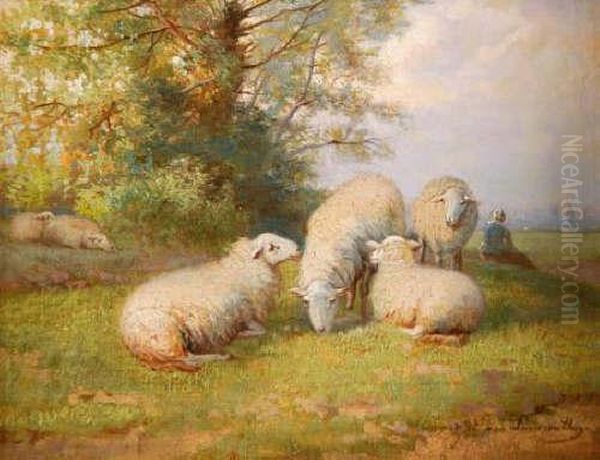 Sheepgrazing Beneath A Tree With Seated Figure Beyond Oil Painting by Jef Louis Van Leemputten