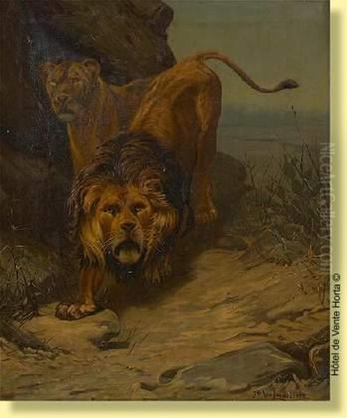 Lion Et Lionne A L'affut Oil Painting by Jef Louis Van Leemputten