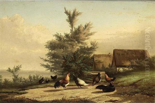 Chickens In A Landscape Oil Painting by Jef Louis Van Leemputten