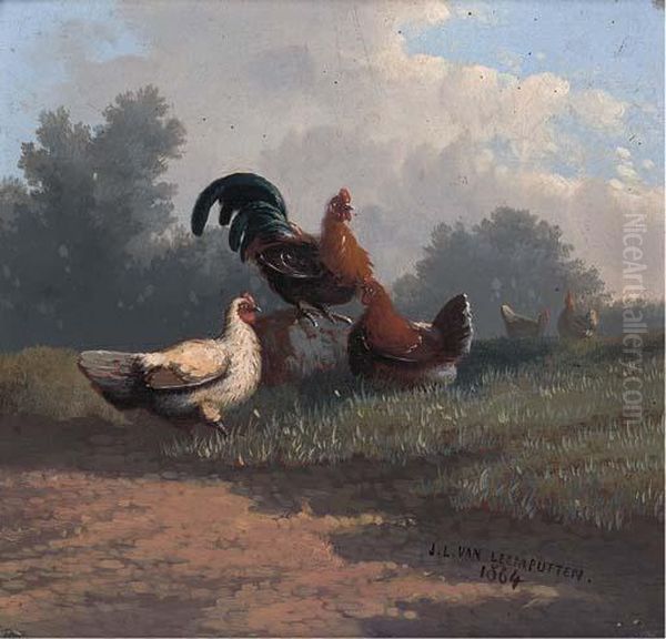 Chickens In A Pastoral Landscape Oil Painting by Jef Louis Van Leemputten