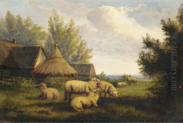 Sheep Grazing In A Landscape Oil Painting by Jef Louis Van Leemputten