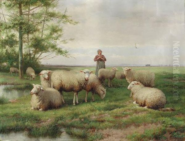 Tending The Flock Oil Painting by Jef Louis Van Leemputten