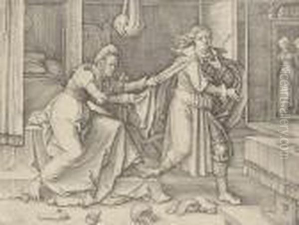 Joseph Escaping Potiphar's Wife Oil Painting by Lucas Van Leyden