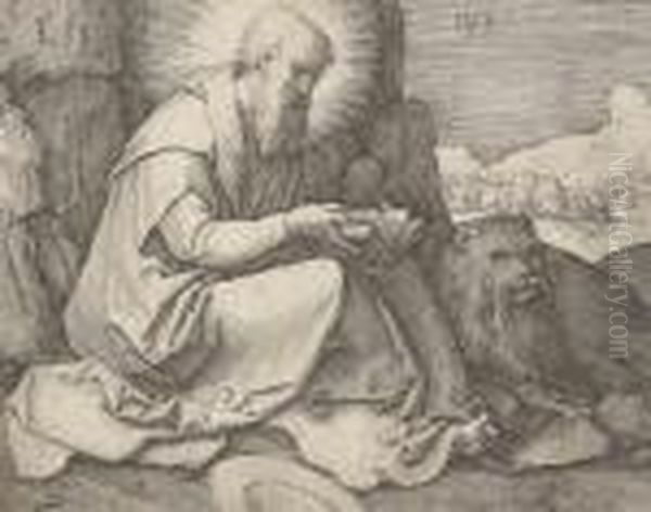 Saint Jerome In A Landscape Oil Painting by Lucas Van Leyden