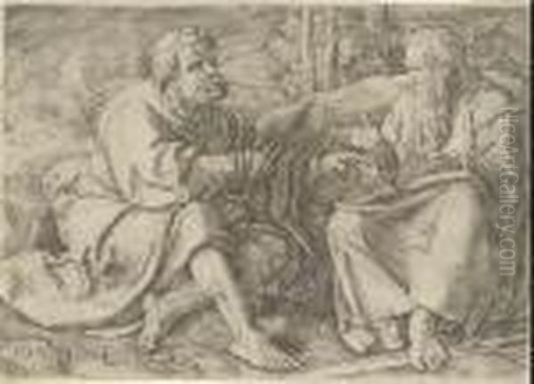 Saints Peter And Paul Seated In A Landscape Oil Painting by Lucas Van Leyden