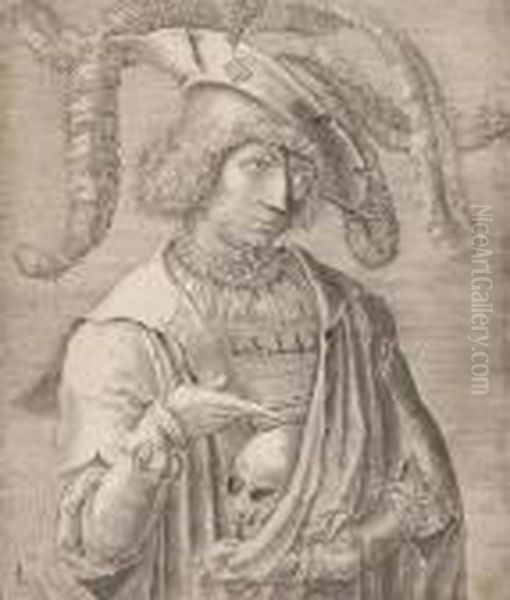 Young Man With Skull Oil Painting by Lucas Van Leyden