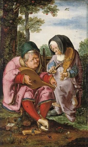 An Old Man And Woman Making Music, In A Landscape Oil Painting by Lucas Van Leyden