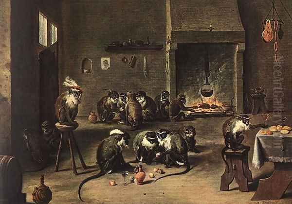 Apes in the Kitchen Oil Painting by David The Younger Teniers